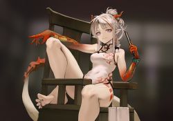 Rule 34 | 1girl, arknights, bare arms, bare legs, barefoot, blurry, blurry background, bracelet, breasts, chair, china dress, chinese clothes, closed mouth, colored skin, commentary, covered navel, dragon horns, dragon tail, dress, eyeshadow, feet, folded fan, folding fan, gradient skin, hair bun, hand fan, highres, holding, holding fan, horns, jewelry, knee up, long hair, looking at viewer, makeup, medium breasts, mone (user aege8533), multicolored hair, nian (arknights), nian (unfettered freedom) (arknights), official alternate costume, pointy ears, purple eyes, red eyeshadow, red hair, red horns, red skin, single hair bun, sitting, sleeveless, sleeveless dress, smile, solo, streaked hair, tail, toes, white dress, white hair, wooden chair