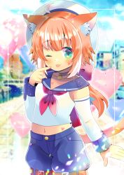 Rule 34 | 1girl, ;p, ahoge, animal ear fluff, animal ears, beret, blue shorts, blurry, blurry background, blush, bow, cat ears, cat girl, cat tail, closed mouth, collarbone, crop top, depth of field, detached sleeves, facial mark, green eyes, hair bow, hand up, hat, heart, kou hiyoyo, long hair, long sleeves, looking at viewer, low ponytail, midriff, navel, neckerchief, one eye closed, orange hair, original, ponytail, puffy shorts, red bow, red neckerchief, shirt, short shorts, shorts, sleeveless, sleeveless shirt, smile, solo, tail, tongue, tongue out, very long hair, white hat, white shirt, white sleeves