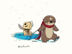 Rule 34 | animal, asaya minoru, closed mouth, commentary request, guilty gear, no humans, otter, red scarf, scalpel, scarf, sitting, sled, smile, snow, snowing, stuffed toy, twitter username, walking, white background