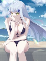 Rule 34 | 1girl, absurdres, bare shoulders, beach, bikini, blue hair, breasts, cleavage, cloud, cloudy sky, collarbone, covering own mouth, crossed bangs, facial mark, facial tattoo, front-tie bikini top, front-tie top, girls&#039; frontline, green eyes, hand on own knee, highres, hk416 (girls&#039; frontline), huge filesize, jewelry, long hair, looking at viewer, medium breasts, nail polish, navel, necklace, ocean, purple bikini, purple nails, ring, sitting, sky, solo, swimsuit, tattoo, teardrop, weisskaeppchen