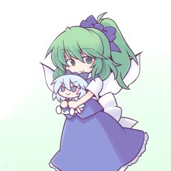 Rule 34 | 1girl, 216, blue bow, blue skirt, bow, cirno, closed mouth, cowboy shot, daiyousei, fairy wings, fumo (doll), gradient background, green hair, hair bow, holding, hugging doll, hugging object, long hair, looking at viewer, petticoat, ponytail, short sleeves, skirt, smile, solo, standing, touhou, wings