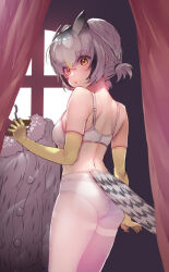 Rule 34 | 1girl, alternate costume, bare shoulders, bird girl, bird tail, bird wings, blonde hair, blush, bra, cowboy shot, elbow gloves, extra ears, gloves, grey hair, grey jacket, hair between eyes, head wings, holding, holding clothes, jacket, kemono friends, looking at viewer, multicolored hair, northern white-faced owl (kemono friends), orange eyes, owl ears, owl girl, panties, panties under pantyhose, pantyhose, short hair, short twintails, sidelocks, solo, tadano magu, tail, twintails, underwear, white bra, white hair, white panties, white pantyhose, wings, yellow gloves