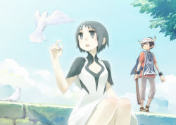 Rule 34 | 1boy, 1girl, bird, black eyes, black hair, chan co, cleavage cutout, clothing cutout, cloud, day, dove, dress, horns, ico, ico (character), knees, moss, open mouth, sandals, short hair, sitting, sky, standing, surcoat, tabard, tree, wall, weapon, wood, wristband, yorda
