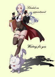 Rule 34 | 1girl, absurdres, aged up, alternate hair length, alternate hairstyle, anchor, arm belt, bag, beige background, black bow, black necktie, blue eyes, bow, breasts, bridal garter, brown thighhighs, candy, cellphone, chinese commentary, coat, commentary request, dog, english text, food, full body, garter straps, glove garter, gloves, hair bow, half gloves, highres, holding, holding phone, jumping, legs, likannan, lips, lollipop, long hair, looking at viewer, low ponytail, necktie, off-shoulder coat, off shoulder, phone, red eyes, red lining, shadow, shirt, shopping bag, short shorts, shorts, simple background, sleeveless, sleeveless shirt, small breasts, smartphone, solo, striped clothes, striped shirt, suspenders, thighhighs, thighs, vertical-striped clothes, vertical-striped shirt, very long hair, vittorio veneto (warship girls r), warship girls r, white fur, white hair