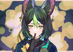 Rule 34 | 1boy, @lm, animal ear fluff, animal ears, black gloves, black hair, blurry, blurry background, commentary request, finger to mouth, flower, fox boy, fox ears, genshin impact, gloves, green eyes, green hair, hair between eyes, highres, index finger raised, looking at viewer, male focus, medal, multicolored hair, solo, streaked hair, tighnari (genshin impact), upper body, yellow flower
