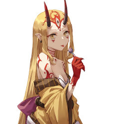 Rule 34 | 1girl, bare shoulders, breasts, candy, cleavage, earrings, eyeliner, facial mark, fate/grand order, fate (series), fingernails, food, forehead mark, highres, holding, holding candy, holding food, holding lollipop, horns, ibaraki douji (fate), japanese clothes, jewelry, kimono, lollipop, long hair, looking at viewer, makeup, oni, oni horns, pointy ears, sharp fingernails, simple background, slit pupils, small breasts, solo, tattoo, tesin (7aehyun), tongue, tongue out, very long hair, white background, yellow eyes, yellow kimono