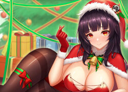 Rule 34 | 1girl, abeen jhong, bell, black hair, blunt bangs, bow, box, breasts, brown pantyhose, christmas, christmas ornaments, christmas tree, cleavage, closed mouth, gift, gift box, gloves, green ribbon, hat, hat ornament, highres, jingle bell, large breasts, leotard, looking at viewer, lying, on side, orange eyes, original, pantyhose, red bow, red gloves, red leotard, red ribbon, ribbon, santa gloves, santa hat, smile, solo, thigh strap, thighband pantyhose, thighs