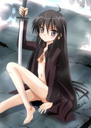 Rule 34 | 00s, 1girl, alastor (shakugan no shana), barefoot, black hair, brown eyes, coat, flat chest, jewelry, long hair, necklace, non-web source, open clothes, open shirt, pendant, shakugan no shana, shana, shirt, solo, sword, weapon