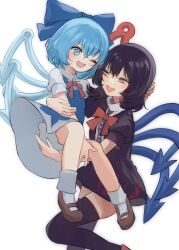 Rule 34 | 2girls, :d, ;d, asymmetrical wings, between legs, black dress, black hair, black thighhighs, blue bow, blue dress, blue eyes, blue hair, blue wings, bow, bowtie, center frills, cirno, commentary, dress, frills, hair bow, hand between legs, highres, houjuu nue, ice, ice wings, looking at another, mikan (manmarumikan), multiple girls, one eye closed, open mouth, red bow, red bowtie, red eyes, red wings, short hair, simple background, smile, socks, thighhighs, touhou, white background, white socks, wings