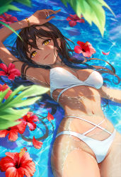 Rule 34 | 1girl, absurdres, arm up, armpits, bare arms, bikini, blush, bracelet, breasts, brown hair, caustics, cleavage, closed mouth, cowboy shot, dark-skinned female, dark skin, day, ear piercing, earrings, flower, glint, hair between eyes, hand on own head, heartki, hibiscus, highleg, highleg bikini, highres, hoop earrings, jewelry, leaf, long hair, looking at viewer, lying, medium breasts, multi-strapped bikini, nail polish, navel, on back, original, outdoors, parted lips, partially submerged, petals, piercing, red flower, signature, skindentation, smile, solo, sparkle, stomach, swimsuit, very long hair, water, wet, white bikini, white nails, yellow eyes