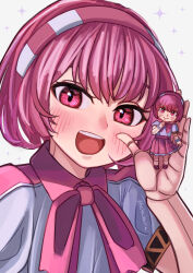 Rule 34 | 1girl, :d, absurdres, android, artist name, blush, bow, bowtie, commentary request, dorothy haze, hairband, hakai no ika, highres, joints, looking at viewer, nendoroid, open mouth, pink bow, pink bowtie, pink hair, pink hairband, pink skirt, pleated skirt, puffy short sleeves, puffy sleeves, red eyes, robot joints, shirt, short hair, short sleeves, simple background, skirt, smile, solo, striped clothes, striped hairband, teeth, upper body, upper teeth only, va-11 hall-a, white background, white shirt