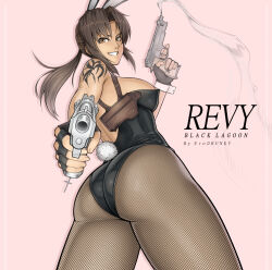 Rule 34 | 1girl, aiming, aiming at viewer, animal ears, artist name, ass, backless leotard, beretta 92, black gloves, black lagoon, black leotard, breasts, brown eyes, brown hair, character name, commentary, copyright name, cross, dual wielding, english commentary, erodrunky, fake animal ears, fake tail, finger on trigger, fingerless gloves, fishnet pantyhose, fishnets, gloves, grin, gun, hair intakes, hair pulled back, handgun, highres, holding, holster, large breasts, latin cross, leotard, long hair, looking back, pantyhose, pink background, playboy bunny, ponytail, rabbit ears, revy (black lagoon), shoulder holster, shoulder tattoo, sideboob, sidelocks, smile, smoke, smoking barrel, solo, strapless, strapless leotard, tail, tattoo, teeth, thick thighs, thighs, toned, trigger discipline, weapon, wrist cuffs