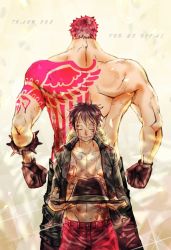Rule 34 | 2boys, age difference, blood, charlotte katakuri, fangs, grabbing, highres, injury, male focus, monkey d. luffy, multiple boys, muscular, one piece, scar, serious, short hair, simple background, smile, standing, tattoo