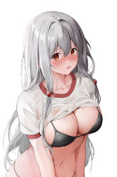 Rule 34 | 1girl, absurdres, bikini, bikini under clothes, black bikini, blush, breasts, cleavage, clothes lift, commentary, copyright request, embarrassed, english commentary, gym shirt, highres, kiro (kirotayu), large breasts, long hair, looking at viewer, navel, nose blush, open mouth, red eyes, shirt, shirt lift, short sleeves, silver hair, simple background, solo, stomach, swimsuit, very long hair, water, wet, wet clothes, wet shirt, white shirt
