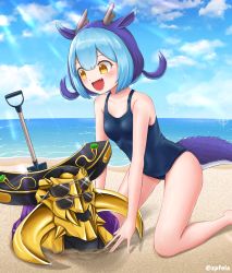 Rule 34 | 1boy, 1girl, alternate costume, beach, blue hair, breasts, buried, dragon girl, dragon horns, dragon tail, duel monster, eldlich the golden lord, extra eyes, fang, highres, horns, laundry dragonmaid, ocean, one-piece swimsuit, outdoors, sand, school swimsuit, shovel, small breasts, smile, sunglasses, sunlight, swimsuit, tail, wislley, yellow eyes, yu-gi-oh!