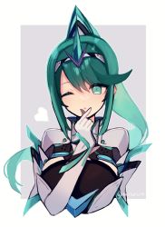 Rule 34 | 1girl, absurdres, breasts, chest jewel, earrings, finger heart, gem, gloves, green eyes, green hair, haruto yuki, headpiece, highres, jewelry, large breasts, long hair, pneuma (xenoblade), ponytail, simple background, solo, swept bangs, tiara, very long hair, white background, xenoblade chronicles (series), xenoblade chronicles 2