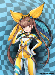 Rule 34 | 1girl, absurdres, bad id, bad pixiv id, bodysuit, bodysuit pull, bow, brown hair, checkered background, davi (destiny child), dduck kong, destiny child, highres, long hair, open mouth, solo, watermark, web address, white bodysuit, yellow bodysuit, yellow bow, yellow eyes