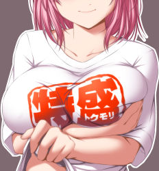 Rule 34 | 1girl, alternate costume, arm under breasts, breast hold, breasts, casual, closed mouth, clothes lift, collarbone, commentary request, deep skin, head out of frame, large breasts, lifting own clothes, medium hair, nori tamago, pink hair, pink lips, saigyouji yuyuko, shirt, shirt lift, sitting, smile, solo, sweatdrop, touhou, white shirt