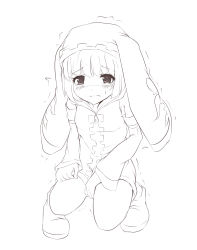 Rule 34 | 1girl, bare shoulders, between legs, blush, boots, character request, closed mouth, darashi na panda, detached sleeves, dress, embarrassed, female focus, flat chest, full body, greyscale, hand between legs, have to pee, highres, hood, hooded dress, looking at viewer, monochrome, nose blush, shironeko project, short dress, short hair, simple background, sketch, sleeveless, sleeveless dress, solo, squatting, sweat, tears, trembling, white background, zipper pull tab