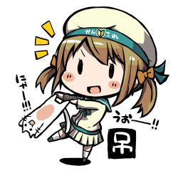 Rule 34 | &gt;:d, 10s, 1girl, :d, batsubyou, beret, blush, blush stickers, bow, brown hair, cat, chibi, error musume, es (eisis), full body, girl holding a cat (kancolle), hair bow, hat, holding, kantai collection, long sleeves, open mouth, pleated skirt, sailor collar, shadow, shirt, shoshinsha mark, simple background, skirt, smile, solid oval eyes, solo, standing, standing on one leg, twintails, v-shaped eyebrows, white background, white legwear