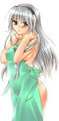 Rule 34 | 00s, 1girl, apron, arms up, bare shoulders, blush, breasts, clannad, hairband, hip focus, kanae funwa, large breasts, long hair, looking at viewer, naked apron, sakagami tomoyo, sideboob, silver hair, solo, standing, very long hair