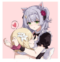 Rule 34 | 2girls, alternate hairstyle, animal, animal ears, apron, black bow, blonde hair, blush, bound, bow, braid, braided bangs, breasts, cat, flower, genshin impact, green eyes, heart, highres, lumine (genshin impact), maid, multiple girls, noelle (genshin impact), open mouth, pink background, red flower, short hair, side ponytail, small breasts, smile, spoken heart, tied up (nonsexual), white hair, yajuu, yuri