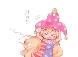 Rule 34 | &gt; &lt;, 1girl, american flag dress, blonde hair, blush, clownpiece, covering head, dress, closed eyes, hands on own head, hat, hat tug, jester cap, long hair, nakukoroni, open mouth, scared, sketch, sleeveless, sleeveless dress, solo, touhou, translation request, wavy hair, wavy mouth