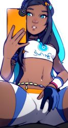 Rule 34 | 1girl, aqua eyes, aqua hair, belly chain, bikini, black hair, breasts, cameltoe, cellphone, commentary, creatures (company), dark-skinned female, dark skin, dave cheung, earrings, english commentary, game freak, gloves, gym leader, hair ornament, hairclip, highres, holding, holding phone, hoop earrings, jewelry, lips, long hair, looking to the side, medium breasts, mirror image, multicolored hair, navel, necklace, nessa (pokemon), nintendo, nose, phone, pokemon, pokemon swsh, selfie, single glove, sitting, smartphone, solo, spread legs, spread pussy under clothes, swimsuit, taking picture, tankini, two-tone hair, white background