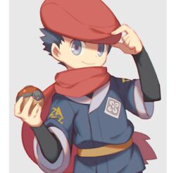 Rule 34 | 1boy, black hair, black shirt, closed mouth, commentary request, creatures (company), game freak, grey background, grey eyes, grey jacket, hand on headwear, hands up, hat, holding, holding poke ball, jacket, logo, lowres, male focus, nintendo, pillarboxed, poke ball, poke ball (legends), pokemon, pokemon legends: arceus, red hat, red scarf, rei (pokemon), scarf, shirt, short hair, smile, solo, upper body, wusagi2
