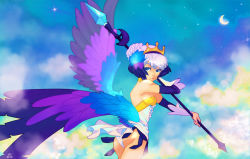 Rule 34 | 10s, 1girl, 2010, ashleigh hetrick, ass, bare shoulders, blue eyes, blunt bangs, blurry, cloud, colorful, cowboy shot, crescent moon, crown, depth of field, detached sleeves, feathered wings, gwendolyn (odin sphere), hair ornament, moon, multicolored wings, odin sphere, polearm, pteruges, short hair, silver hair, solo, weapon, wings