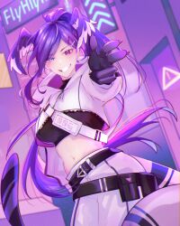 Rule 34 | 1girl, belt, black belt, blue eyes, commentary, crop top, cropped hoodie, freepluvios, grin, hair ornament, head wings, heterochromia, high ponytail, highres, hood, hoodie, long hair, nijisanji, nijisanji en, official alternate costume, pants, purple eyes, purple hair, purple wings, selen tatsuki, smile, solo, symbol-only commentary, virtual youtuber, white hoodie, white pants, wings, x hair ornament