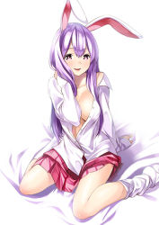 Rule 34 | 1girl, animal ears, bad id, bad pixiv id, bed sheet, breasts, dress shirt, female focus, large breasts, long hair, no bra, open clothes, open mouth, open shirt, pleated skirt, purple eyes, purple hair, rabbit ears, reisen udongein inaba, shirt, simple background, sitting, skirt, smile, socks, solo, touhou, unbuttoned, unowen, wariza, white shirt, white socks