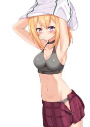 Rule 34 | 1girl, armpits, arms up, bare shoulders, black bra, black choker, black panties, blonde hair, blush, bra, breasts, chloe (princess connect!), chloe (school festival) (princess connect!), choker, cleavage, closed mouth, collarbone, groin, hair between eyes, highres, iseshi, long hair, looking at viewer, medium breasts, mouth hold, navel, notice lines, open clothes, open skirt, panties, pleated skirt, ponytail, princess connect!, purple eyes, purple skirt, shirt, sidelocks, simple background, skirt, solo, underwear, undressing, white background, white shirt