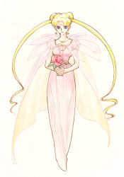 Rule 34 | 1girl, alternate costume, bishoujo senshi sailor moon, blonde hair, blue eyes, cape, crescent, crescent facial mark, crescent moon, double bun, dress, enon+0+, facial mark, flower, forehead mark, full body, holding, jewelry, long dress, long hair, moon, necklace, pink dress, princess serenity, red flower, red rose, rose, solo, tsukino usagi, twintails, very long hair, white background, white dress