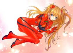 Rule 34 | 1girl, artist request, ass, blue eyes, bodysuit, breasts, brown hair, interface headset, long hair, looking at viewer, lying, medium breasts, neon genesis evangelion, plugsuit, red bodysuit, shiny clothes, skin tight, souryuu asuka langley, two side up, very long hair, white background