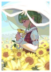 Rule 34 | 1girl, absurdres, ascot, blurry, blurry background, closed mouth, depth of field, dgt lemon, field, flower, flower field, from side, garden of the sun, green hair, highres, holding, holding flower, kazami yuuka, parasol, plaid, plaid vest, red eyes, red vest, short hair, skirt, solo, sunflower, sunflower field, touhou, umbrella, vest, yellow ascot, yellow flower