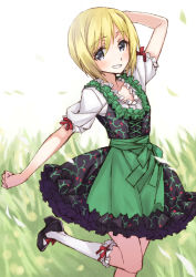 Rule 34 | 1girl, blonde hair, bow, dirndl, dress, erica hartmann, frills, german clothes, grass, grey eyes, highres, leg up, matsuryuu, revision, ribbon, short hair, smile, socks, solo, strike witches, world witches series