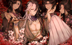 Rule 34 | 1boy, 3girls, abs, ashiya douman (fate), asymmetrical clothes, asymmetrical hair, bell, bishounen, black eyes, black hair, blindfold, collar, commentary request, earrings, eyeshadow, fate/grand order, fate (series), fingernails, floral print, flower, green eyeshadow, green lips, green nails, hands on own face, harem, hetero, highres, holding, japanese clothes, jewelry, jingle bell, kimono, kiseru, lipstick, long hair, magatama, magatama earrings, makeup, marionette, multicolored hair, multiple girls, nail polish, origami, paper, pectorals, smoking pipe, puppet, purionpurion, purple collar, red sky, ribbed sleeves, sharp fingernails, sky, smirk, smug, spider lily, split-color hair, string, two-tone hair, very long hair, white hair, wire