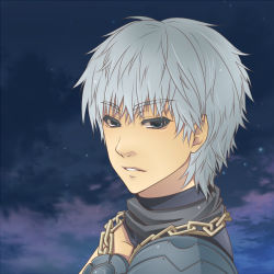 Rule 34 | 1boy, armor, black eyes, chain, commentary request, grey hair, grey scarf, hair between eyes, looking at viewer, male focus, mechanic (ragnarok online), nia (littlestars), night, night sky, parted lips, pauldrons, ragnarok online, scarf, short hair, shoulder armor, sky, solo, upper body