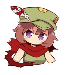 Rule 34 | 1girl, blush, breasts, brown hair, closed mouth, copyright request, cropped torso, flat cap, green hat, green shirt, hair between eyes, hat, hat feather, head tilt, looking at viewer, naga u, purple eyes, ranger (sekaiju), ranger 2 (sekaiju), red scarf, scarf, shirt, simple background, sleeveless, sleeveless shirt, small breasts, solo, torn clothes, torn scarf, v-shaped eyebrows, white background