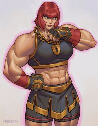 Rule 34 | 1girl, abs, absurdres, fingerless gloves, gloves, green eyes, hand on own hip, highres, jewelry, m4rjinn, marisa (street fighter), mole, muscular, muscular female, necklace, red hair, shorts, shorts under skirt, skirt, solo, street fighter, street fighter 6, tank top, white background