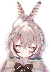 Rule 34 | 1girl, ahoge, brown capelet, brown cloak, brown hair, capelet, cloak, feather hair ornament, feathers, fingernails, gloves, hair ornament, hairclip, highres, hololive, hololive english, long hair, looking at viewer, megts0331, multicolored hair, nanashi mumei, partially fingerless gloves, ponytail, ribbon, streaked hair, very long hair, virtual youtuber, yellow eyes