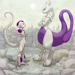 Rule 34 | 2boys, alien, bad id, bad pixiv id, creatures (company), crossed arms, crossover, dragon ball, dragonball z, frieza, frown, game freak, gen 1 pokemon, hinokore, landscape, legendary pokemon, look-alike, male focus, mewtwo, monster, multiple boys, nintendo, pokemon, pokemon (creature), purple theme, size difference, spot color, standing, stare down, tail