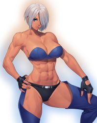 Rule 34 | 1girl, abs, angel (kof), black panties, blue bra, blue eyes, bra, breasts, chaps, cleavage, dark-skinned female, dark skin, feet out of frame, fingerless gloves, gloves, hair over one eye, highres, large breasts, leather, midriff, muscular, muscular female, navel, ogami, panties, snk, solo, strapless, strapless bra, the king of fighters, toned, underwear, white hair