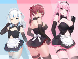 Rule 34 | 3girls, alternate costume, apron, ass, black dress, black gloves, blue hair, blunt bangs, bow, breasts, cleavage, commission, dress, elbow gloves, enmaided, fins, fish tail, frilled apron, frills, gawr gura, gloves, hair ornament, hair ribbon, heterochromia, highres, hololive, hololive english, houshou marine, kaiend, large breasts, long hair, maid, maid apron, maid headdress, medium hair, mori calliope, multicolored hair, multiple girls, no eyepatch, pink eyes, pink hair, red hair, red ribbon, ribbon, shark girl, shark hair ornament, shark tail, sideboob, sidelocks, skirt, small breasts, smile, streaked hair, tail, thighhighs, thighs, tongue, twintails, two side up, virtual youtuber, waist apron, white apron