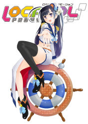 Rule 34 | 1girl, :d, antenna hair, arm support, asymmetrical clothes, belt, black hair, black thighhighs, blue eyes, blue sailor collar, blush, bow, choker, collarbone, cover, epaulettes, female focus, flower, footwear bow, foreshortening, full body, hair flower, hair ornament, head tilt, heart, heart-shaped pupils, high heels, highres, kanagawa, leg lift, leg up, legs, lifebouy, lifebuoy, lily (flower), locadol promotion, long hair, long image, long sleeves, looking at viewer, midriff, navel, open hand, open mouth, original, outstretched arm, purple eyes, sailor collar, ship&#039;s wheel, shoes, simple background, single thighhigh, sitting, skirt, smile, solo, star (symbol), steering wheel, swim ring, symbol-shaped pupils, tall image, thighhighs, thighs, white background, yurikuta tsukumi, zettai ryouiki
