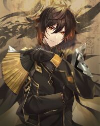 Rule 34 | 1boy, armor, black gloves, black hair, black jacket, brown background, brown hair, commentary, crossed arms, diamond-shaped pupils, diamond (shape), genshin impact, gloves, gradient hair, hand fan, head tilt, highres, holding, holding fan, jacket, kanengomi, long sleeves, looking at viewer, male focus, multicolored hair, official alternate costume, orange eyes, shoulder armor, simple background, smile, solo, symbol-shaped pupils, upper body, zhongli (genshin impact)