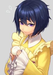 Rule 34 | 1girl, black hair, collar, commentary request, fishnets, flying sweatdrops, food, frilled sleeves, frills, frown, hair between eyes, highres, holding, holding food, long sleeves, looking at viewer, mochi, mochizuki azami, purple eyes, sakura taisen, shin sakura taisen, short hair, signature, simple background, sleeves past wrists, solo, upper body, usuke, wide sleeves