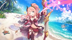 Rule 34 | 1girl, beach, blue eyes, bow, bow (weapon), breasts, cleavage, cygames, heart, holding, holding bow (weapon), holding weapon, horns, layered sleeves, long hair, looking at viewer, medium breasts, midriff, monster, navel, official art, one eye closed, open mouth, pink hair, ponytail, princess connect!, sand, shorts, smile, solo, star (symbol), suzuna (princess connect!), water, weapon