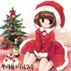 Rule 34 | 1girl, alcohol, blush, bottle, brown eyes, brown hair, cake, champagne, christmas, christmas tree, cup, drinking glass, food, fruit, hat, kneehighs, looking at viewer, mimukamu, original, pastry, santa costume, santa hat, sitting, skirt, socks, solo, strawberry, striped clothes, striped socks, wariza, wine glass